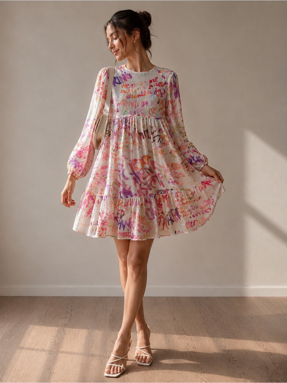 Zimmermann Cream Mini Dress with Pink and Purple Script Print
